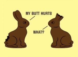 Two chocolate bunnies, one with his tail bitten off, one with his ears eaten. The one minus a tail says: "My butt hurts." The one missing ears says: "What?"