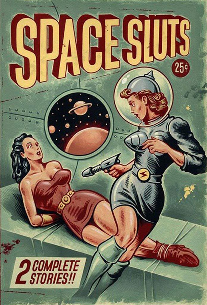 The cover of what looks to be a vintage trashy novel with a woman in a very non-functional spacesuit aiming a ray gun at a woman bound on the space couch.