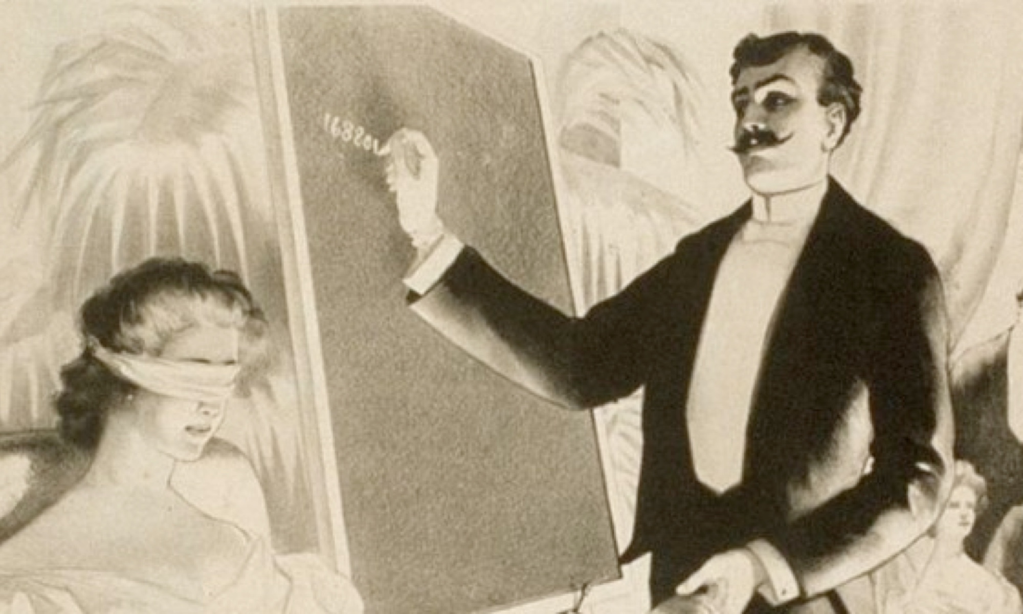 An old looking image, maybe 1920s-30s style of a man in a tuxedo reading the mind of a blindfolded woman.