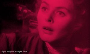 A still from the 1944 movie, Gaslight, with Ingrid Bergman looking terrified.