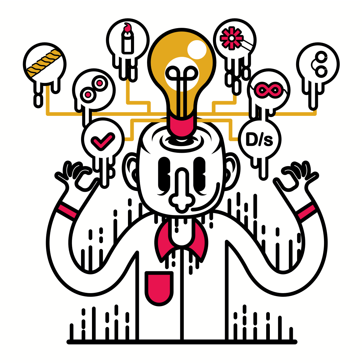 A cartoon person with a myriad of ideas floating around his head, including D/s, a candle, handcuffs, rope and more.