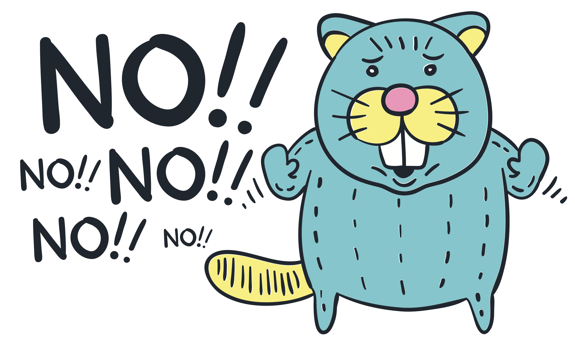 A cartoon beaver saying "NO!!" over and over.