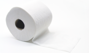 Just a roll of toilet paper on a white background, slightly unrolled.