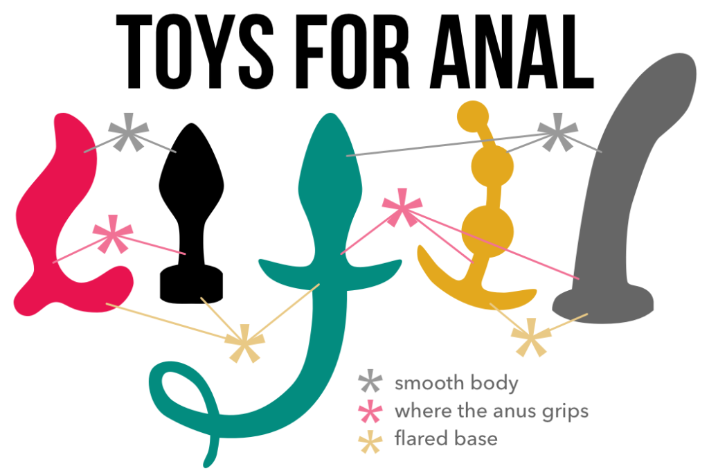 Toys for anal. Smooth body. Thinner area where the anus grips. Flared base. 