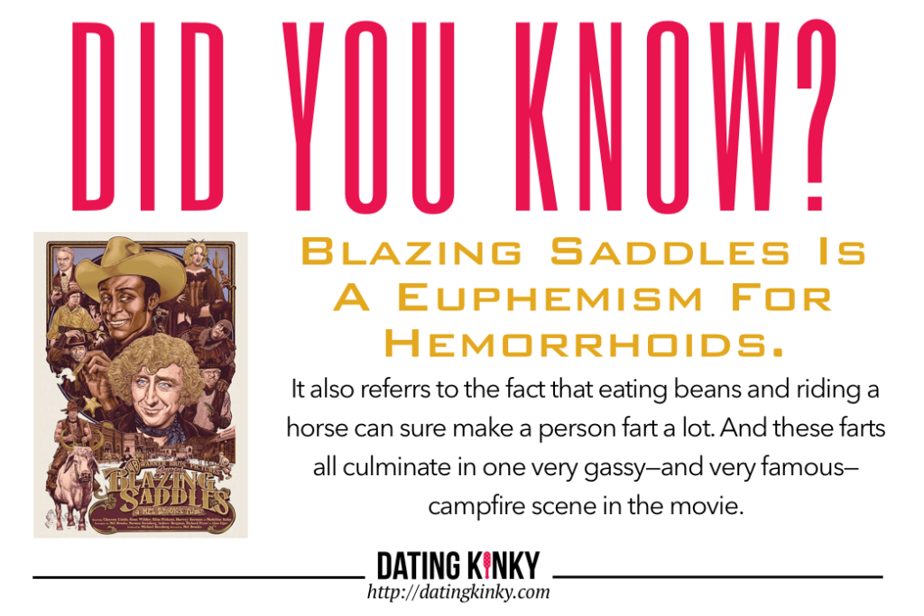 Did you know? Blazing Saddles is a euphemism for hemorrhoids. It also refers tot he fact that eating beans and riding a horse can sure make a person fart a lot. And these farts all culminate in one very gassy—and very famous—campfire scene in the movie.