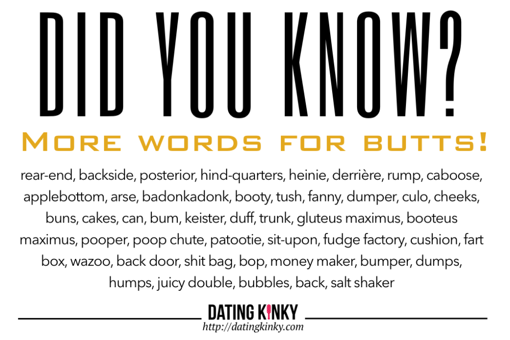 Did you know? More words for butts! rear-end, backside, posterior, hind-quarters, heinie, derrière, rump, caboose, applebottom, arse, badonkadonk, booty, tush, fanny, dumper, culo, cheeks, buns, cakes, can, bum, keister, duff, trunk, gluteus maximus, booteus maximus, pooper, poop chute, patootie, sit-upon, fudge factory, cushion, fart box, wazoo, back door, shit bag, bop, money maker, bumper, dumps, humps, juicy double, bubbles, back, salt shaker