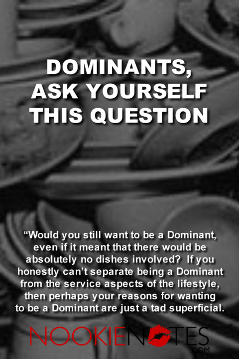 Dominants, ask yourself this question: Would you still want to be a Dominant even if it means there would be absolutely no dishes involved? If you honestly can't separate being a Dominant from the service aspects of the lifestyle, then perhaps your reasons for wanting to be a dominant are just a tad superficial. 