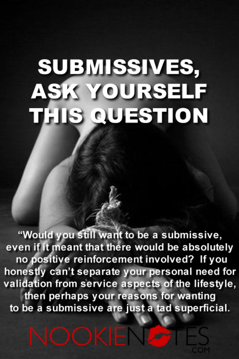 Submissives, ask yourself this question: Would you still want to be a submissive even if it means there would be absolutely no positive reinforcement involved? If you honestly can't separate being a submissive from the service aspects of the lifestyle, then perhaps your reasons for wanting to be a submissive are just a tad superficial. 