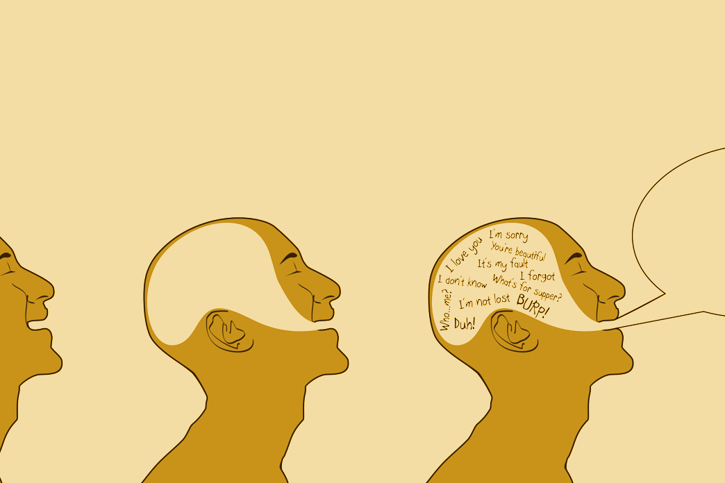 A series of three masculine heads. Each with the mouth open. In the centere there is nothing in the brain, to the right, there are many words and aword bubble coming out of the open mouth.