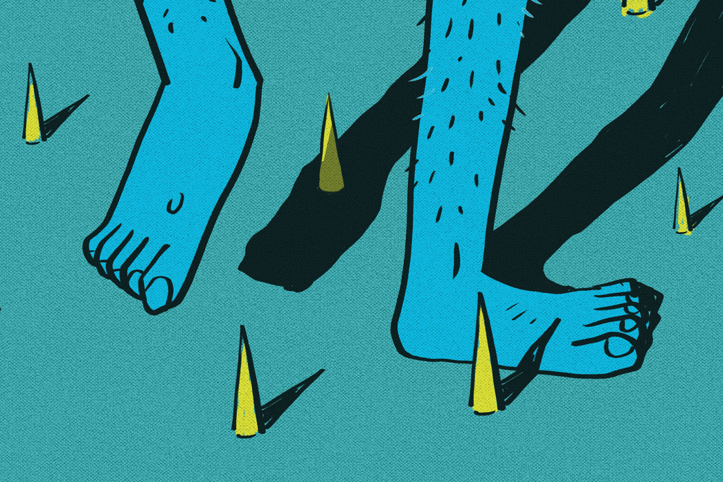 Cartoon blue legs walking in a field of yellow spikes.