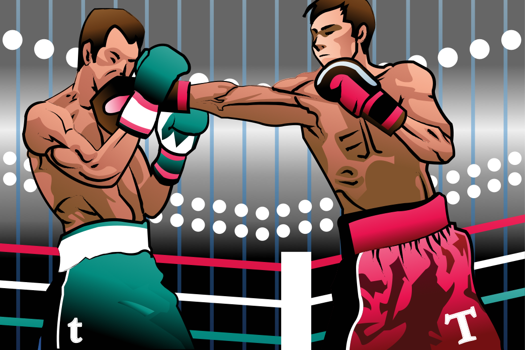 Two boxers in a right. One in gre with a little "t," the other in pink with a capital "T."