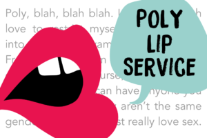 A pair of open lips with a speech bubble, "Poly Lip Service."